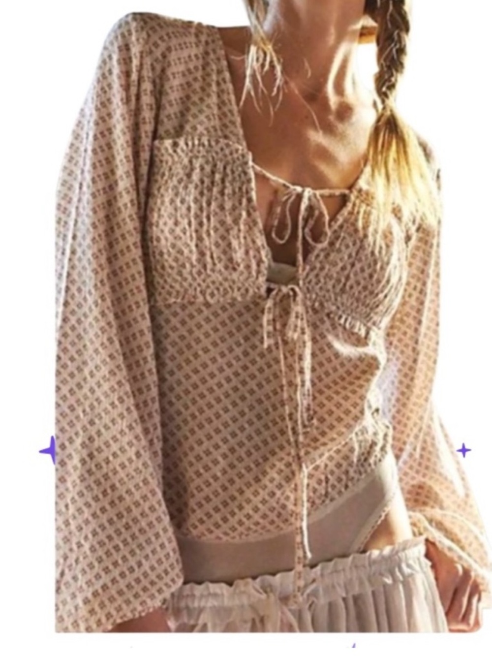 FREE PEOPLE SUNNY MEADOWS TIE FRONT FLORAL BODYSUIT WHITE TAN XS